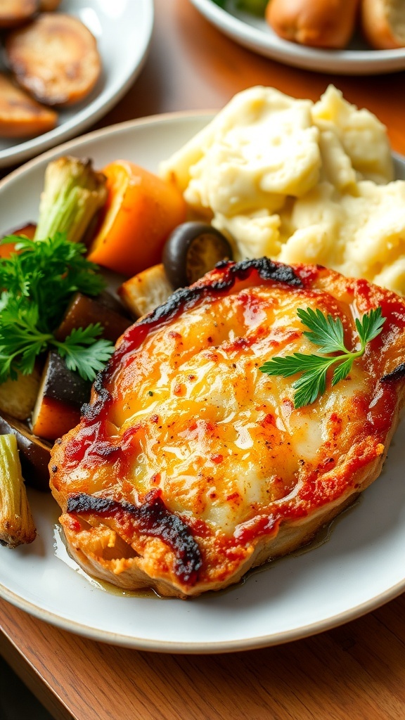 Golden-brown Parmesan baked pork chops garnished with parsley, served with roasted vegetables and mashed potatoes.